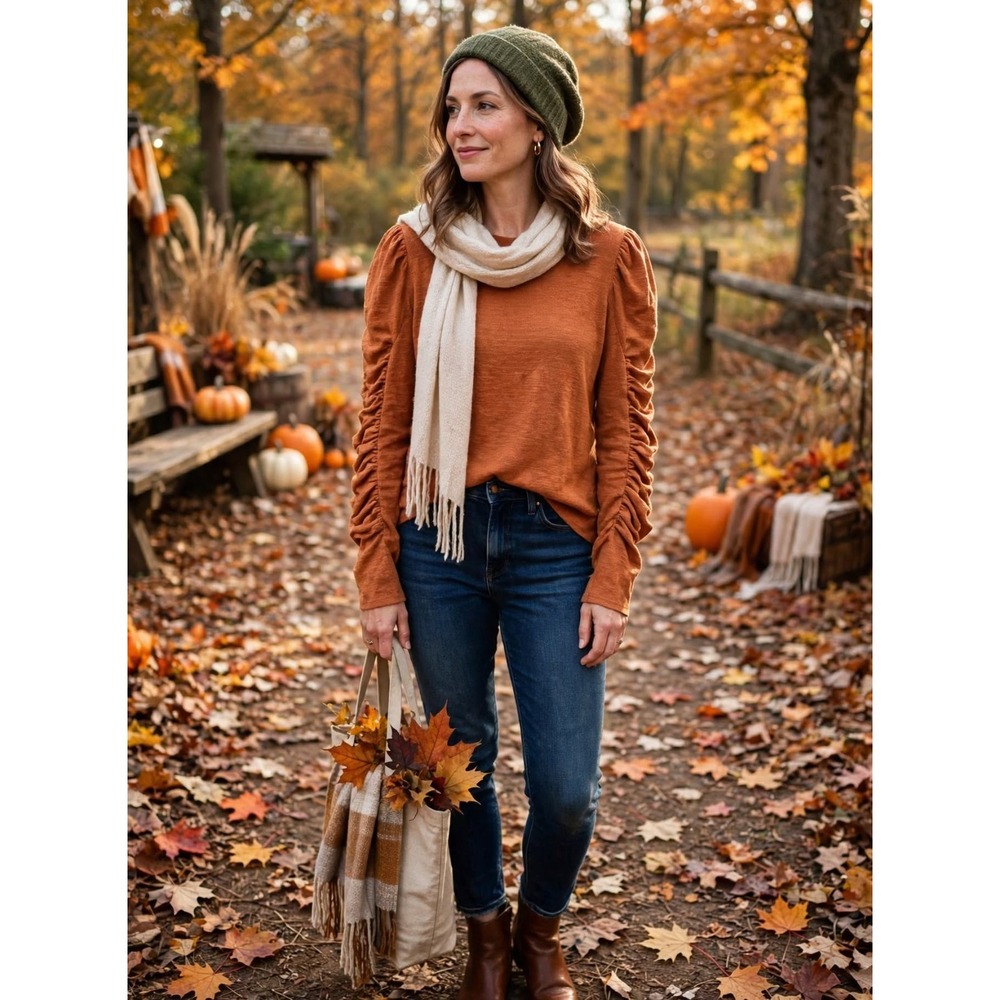 We the Free Natasha Rusty Orange ruched puff sleeve long sleeve top MD Fall